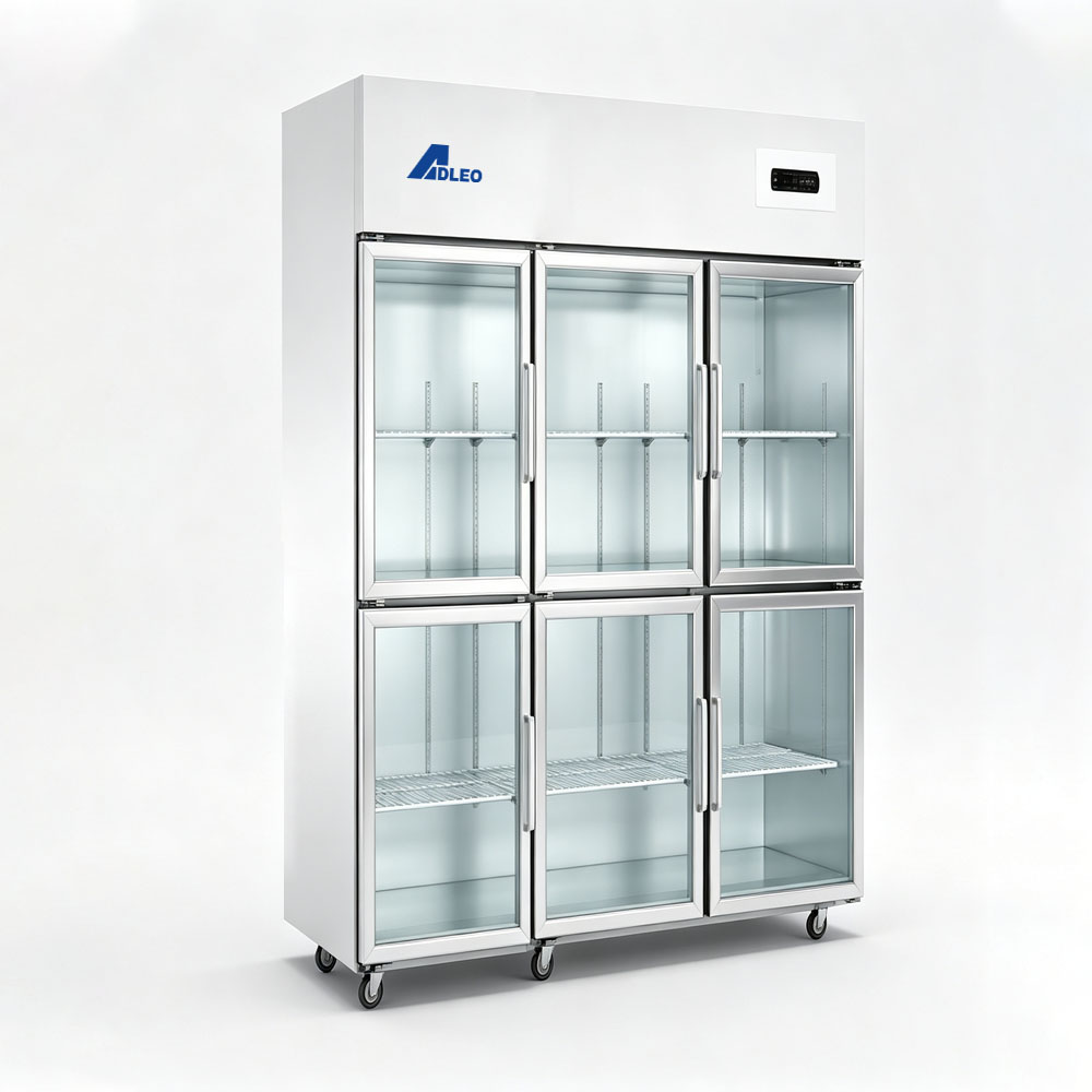 Six-pane glass-door upright refrigerator
